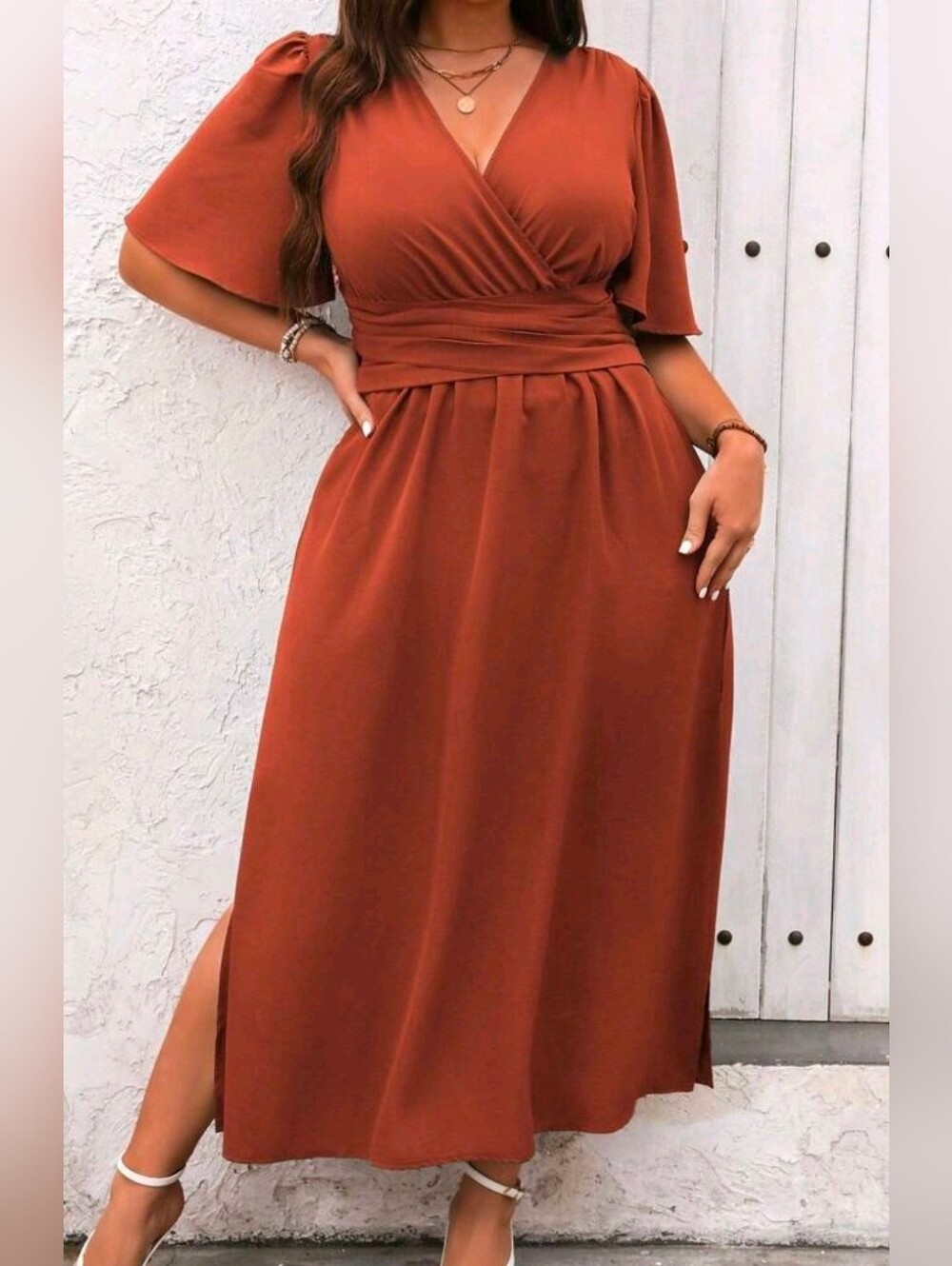 NEW Chic Ruched Waist Flutter Sleeve Maxi Dress PLUS Rusty Brown Orange